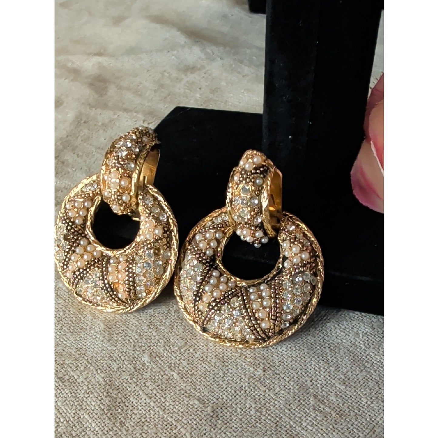 Vintage Bergere Faux Pearl Rhinestone Clip On Earrings Gold Tone Regency Glam