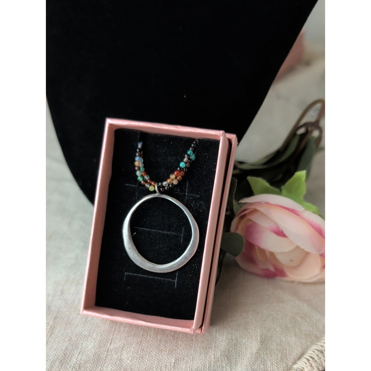 925 Sterling Silver Circle Pendant Necklace Double Strand Multicolor Seed Bead