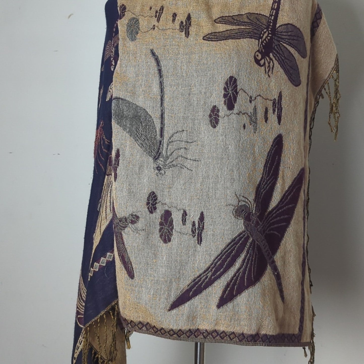 Vintage Dragonfly Water Lily Jacquard Tapestry Shawl Fringe Blanket Scarf Woodland Whimsical