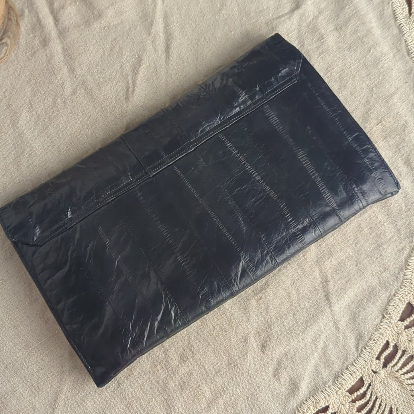 Vintage Black-ish Navy Skin Clutch Wallet | 80s Exotic Leather Evening Bag