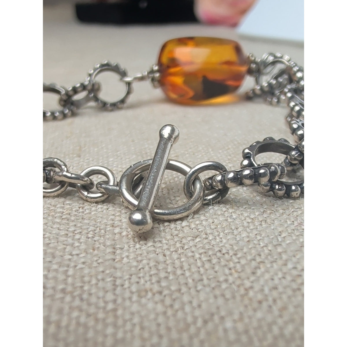 Dreamy 925 Sterling Silver Amber Bracelet Cognac Artisan Statement Jewelry 7"