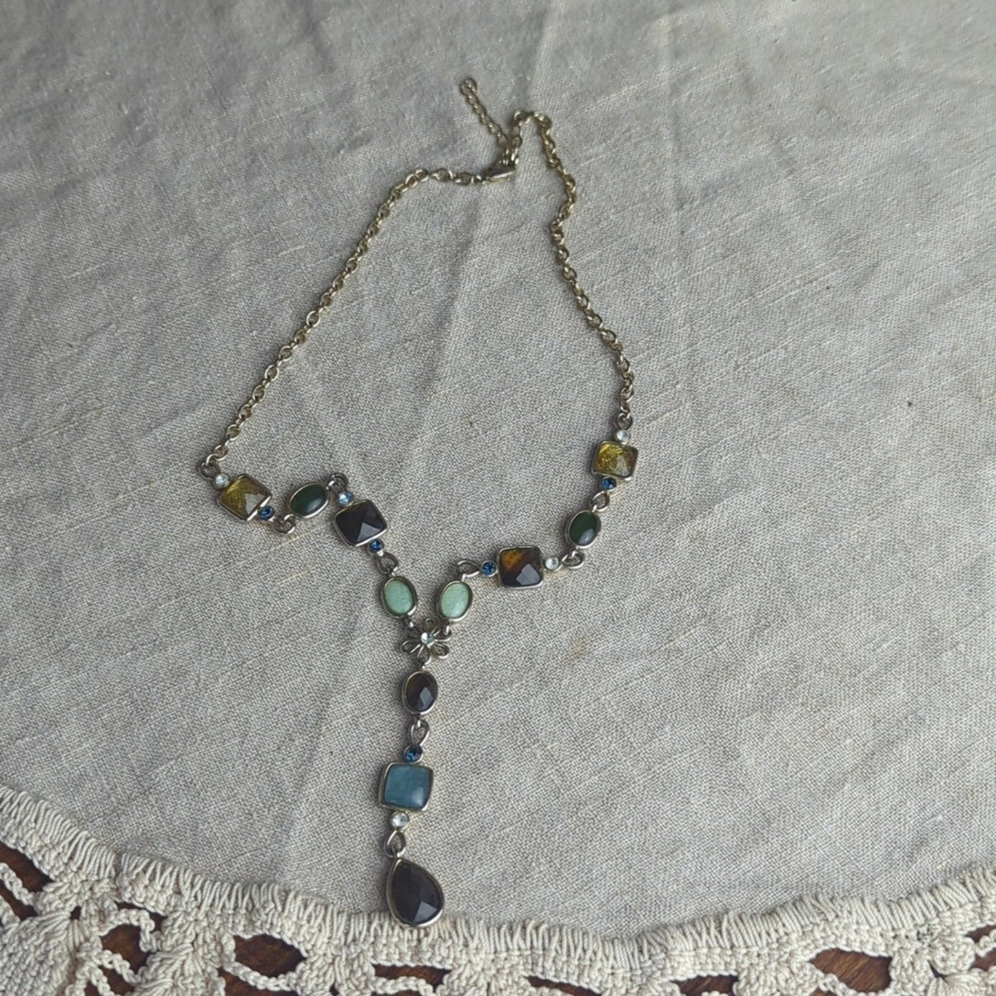 Artisan Mixed Stone Y Necklace Boho Earth Tone Statement
