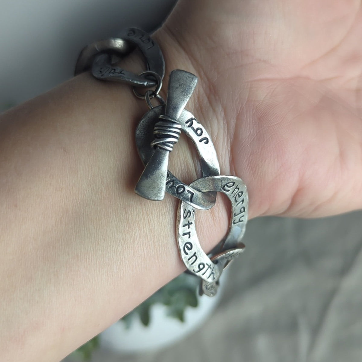 Vintage Pewter-Tone Inspirational Link Bracelet Hand-Stamped Word Jewelry Art