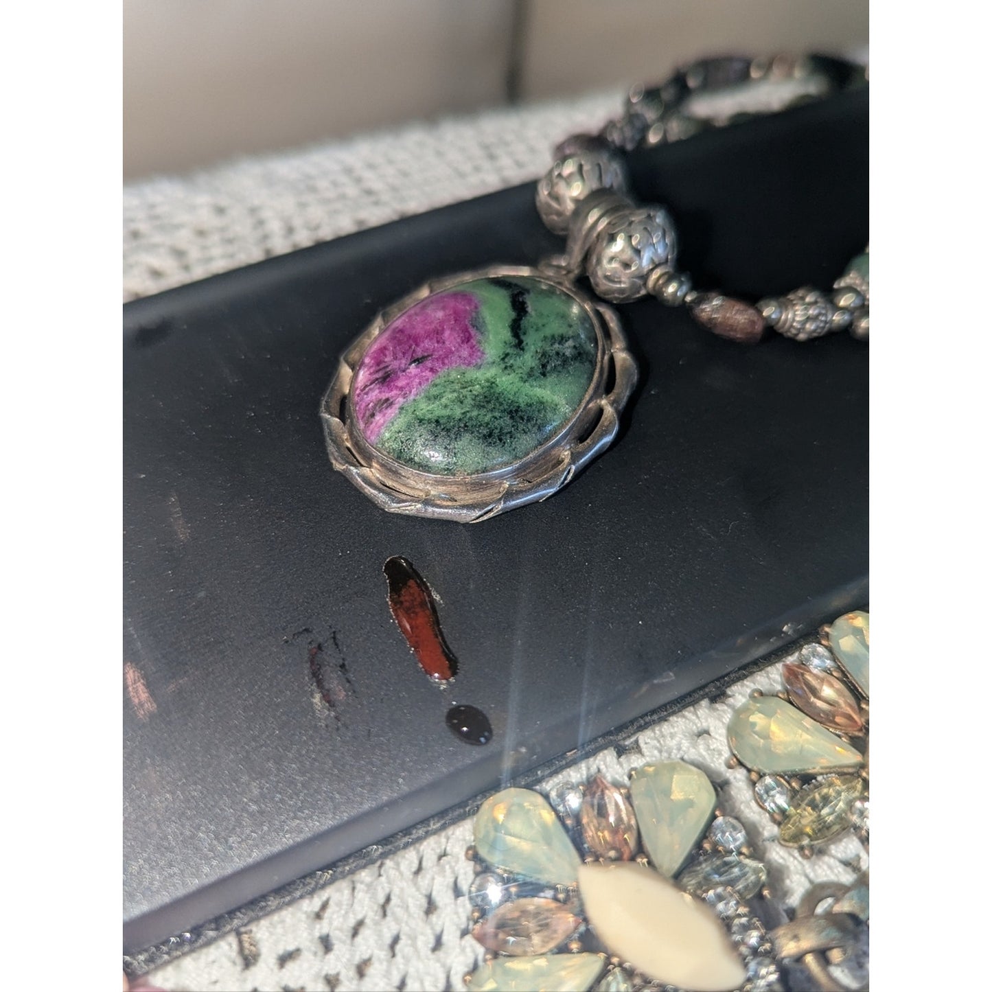 Sterling Silver Ruby Zoisite Statement Necklace, Artisan Gemstone Pendant