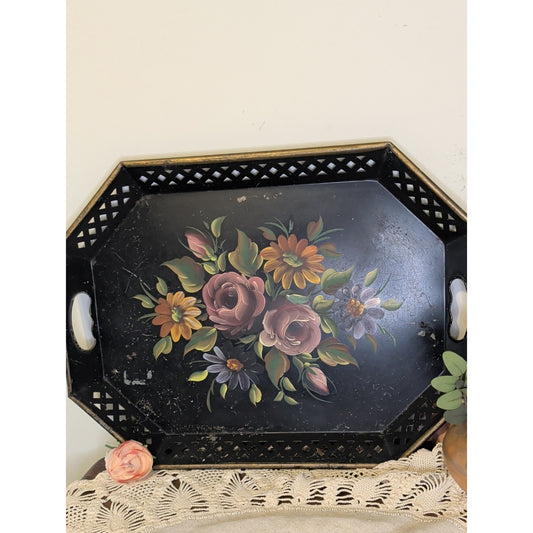Vintage Tashco Hand Painted Toleware Tray 20” Floral Black Metal Pierced Edge