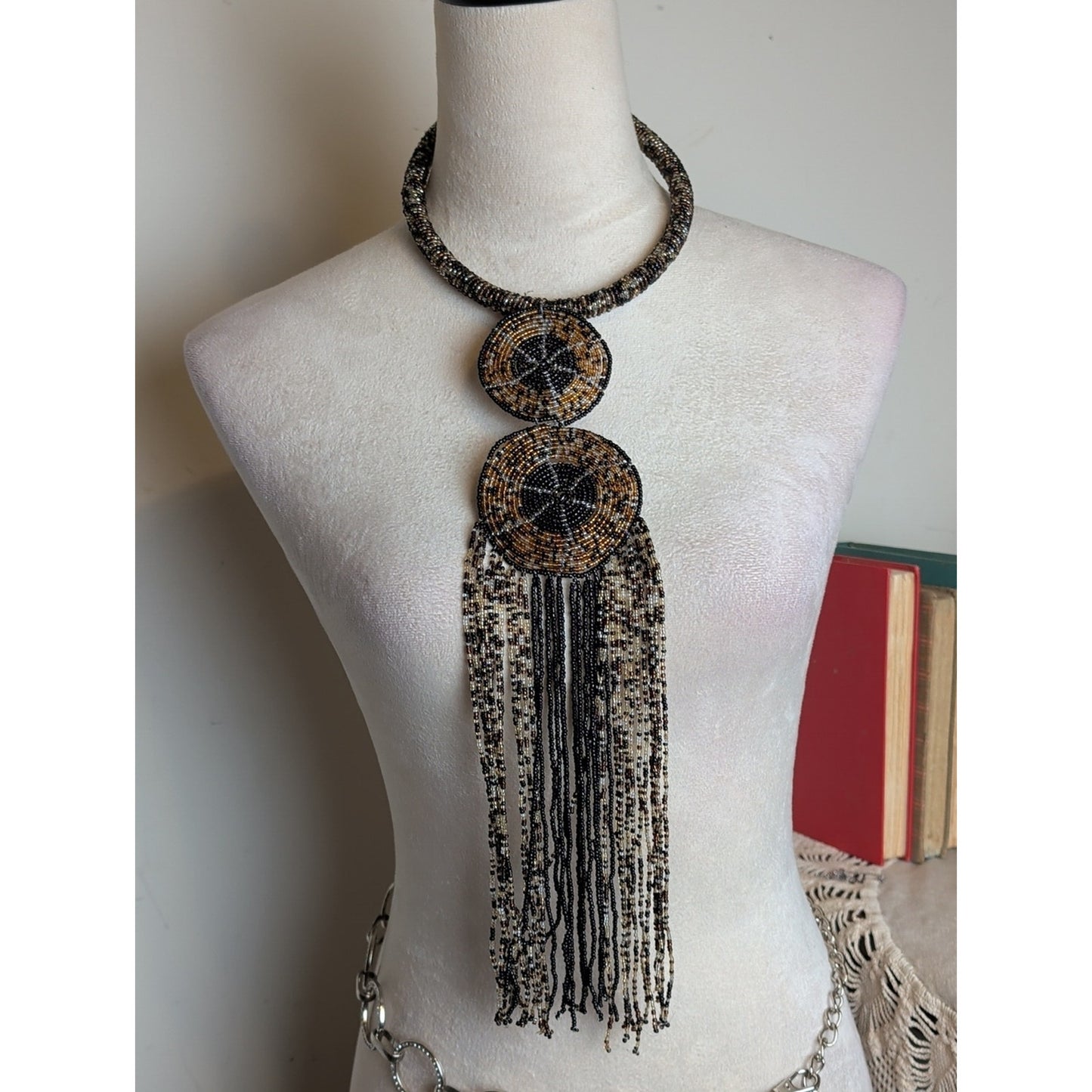 Handcrafted Beaded Fringe Statement Necklace Tribal Boho Luxe Wearable Art