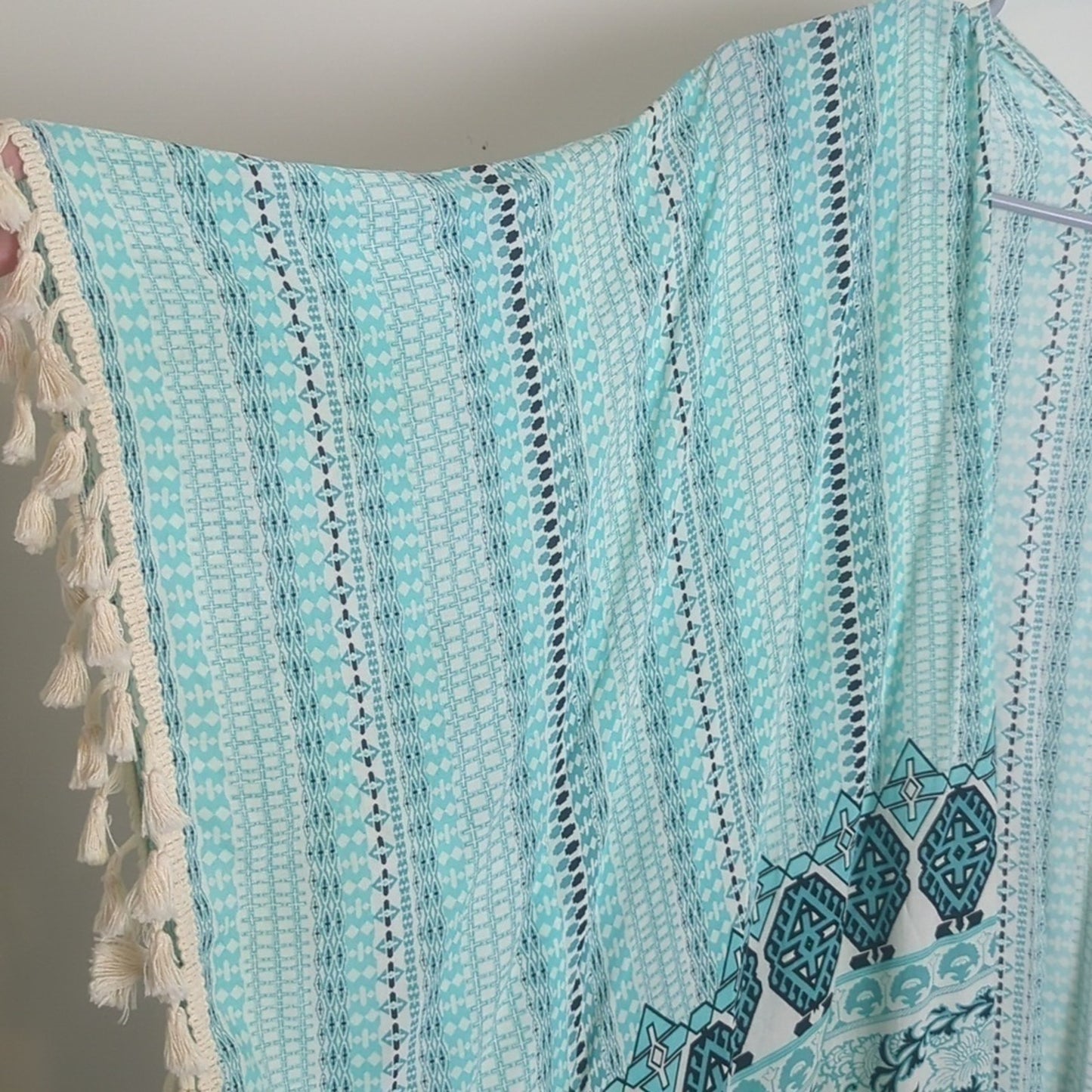 Beachy Aztec Turquoise  Open Front Cardigan Tassels One Size Women's