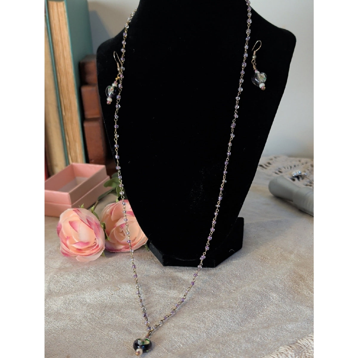 Artisan Lampwork Glass Necklace & Earrings Set Murano Inspired Purple