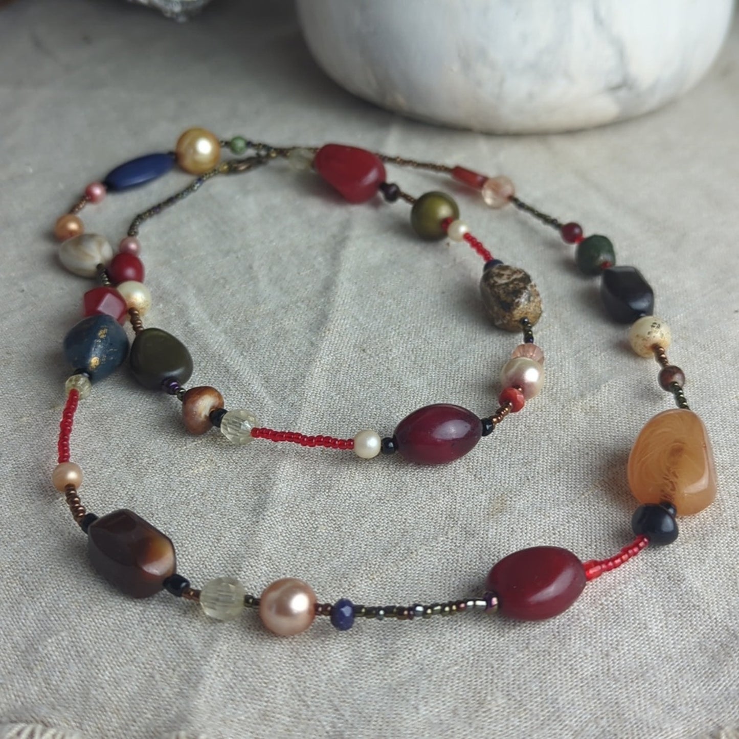 Eclectic Beaded Necklace Mixed Stone Glass Pearl Boho Statement Necklace Earthy