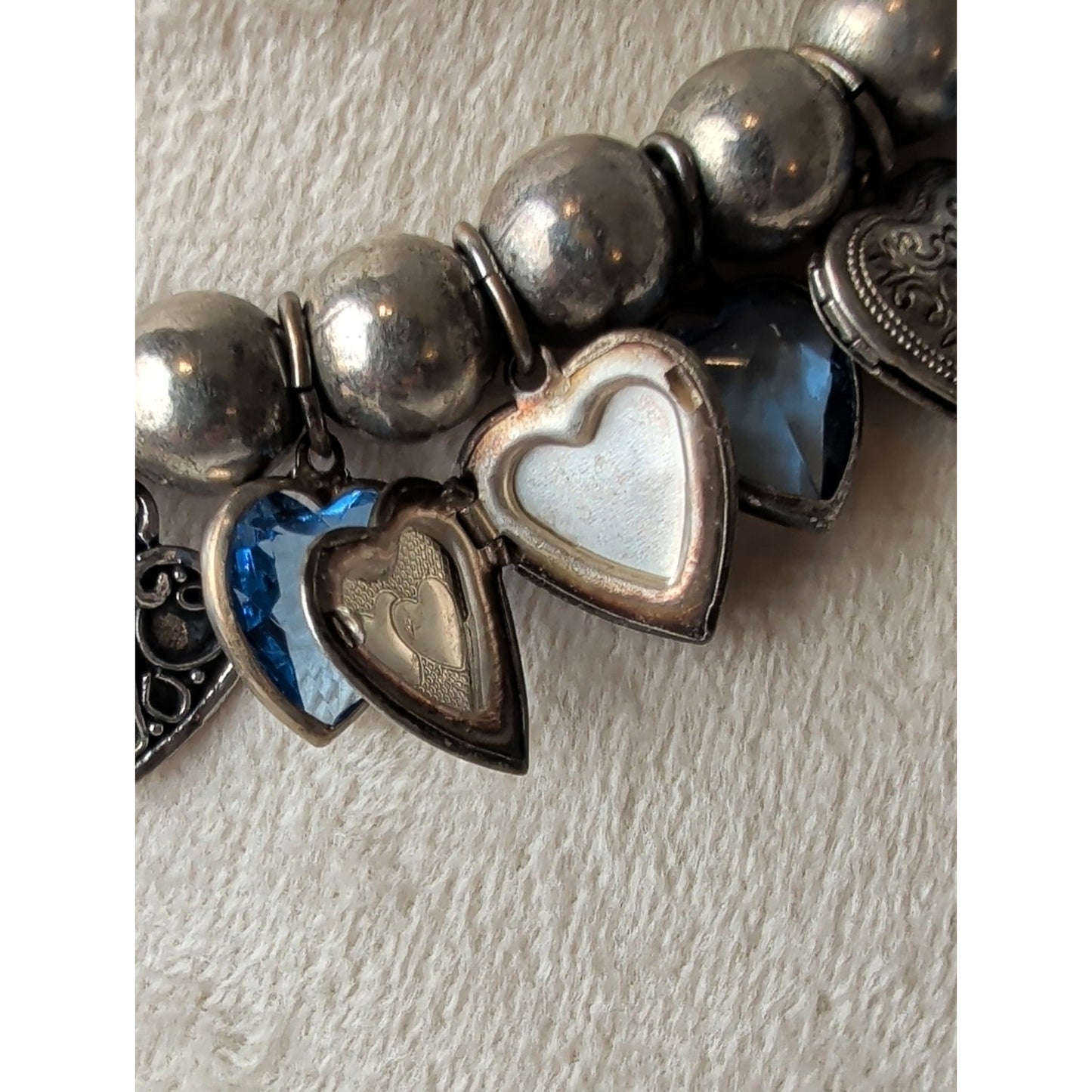 Vintage Artisan Heart Charm Necklace Sterling Accent Blue Faceted Glass