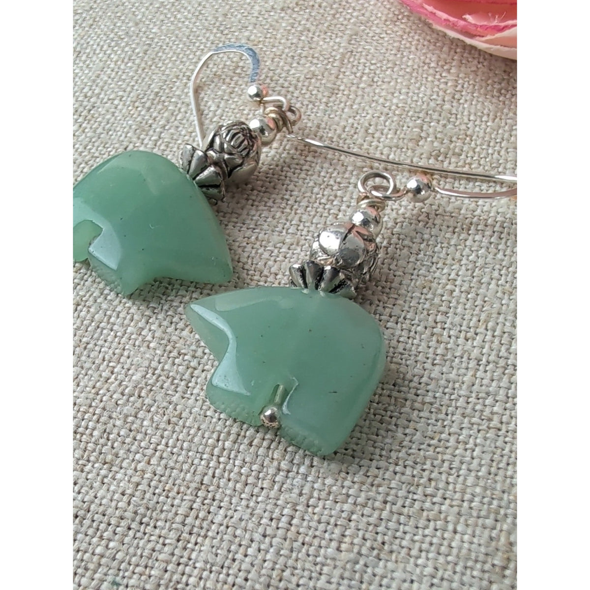 Sterling Silver Green Jadeite Bear Fetish Dangle Earrings Southwestern Artisan