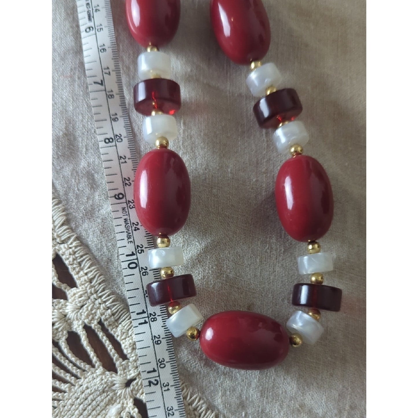 Vintage Monet Red 90's Retro Necklace Chunky Lucite & Gold Beaded Cranberry