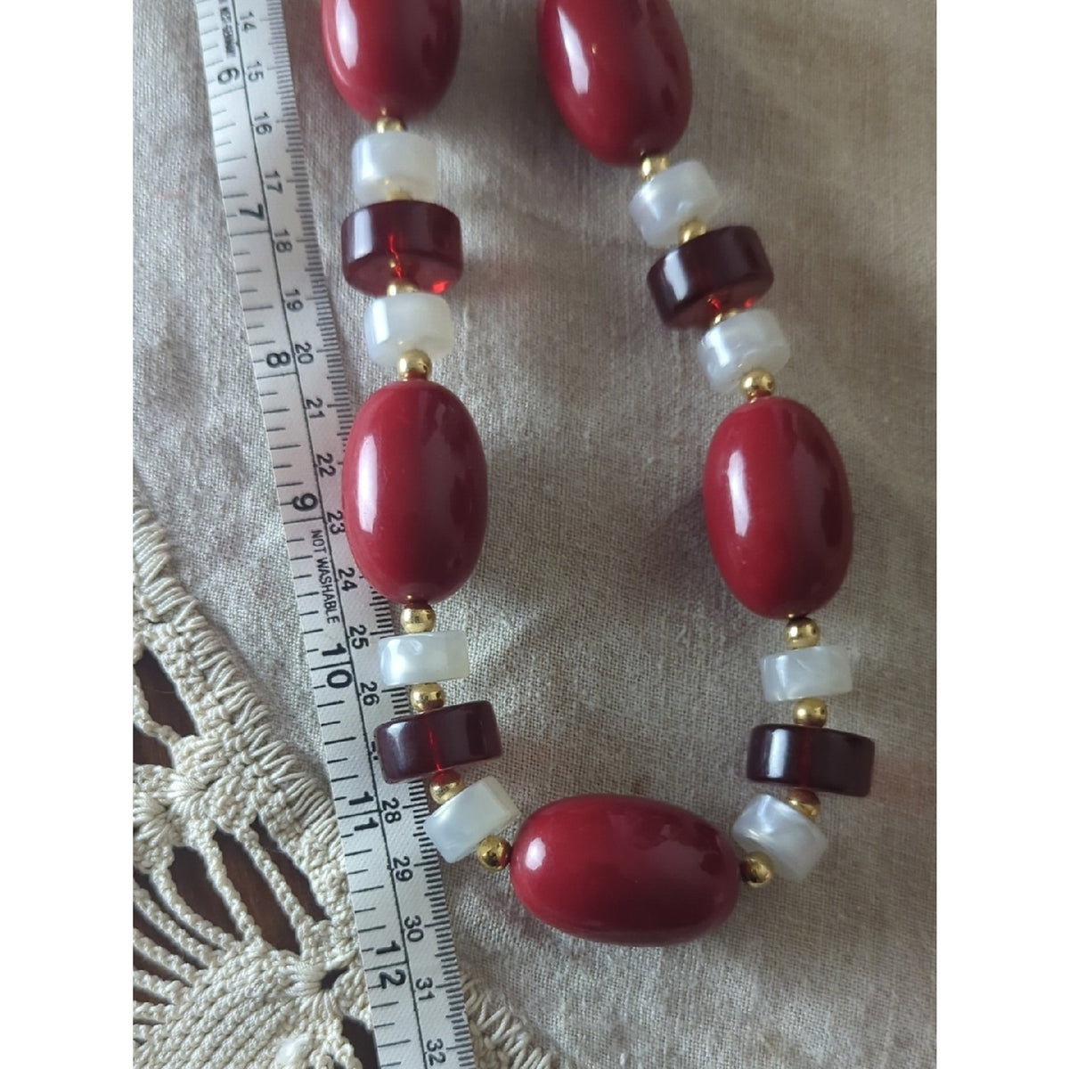 Vintage Monet Red 90's Retro Necklace Chunky Lucite & Gold Beaded Cranberry