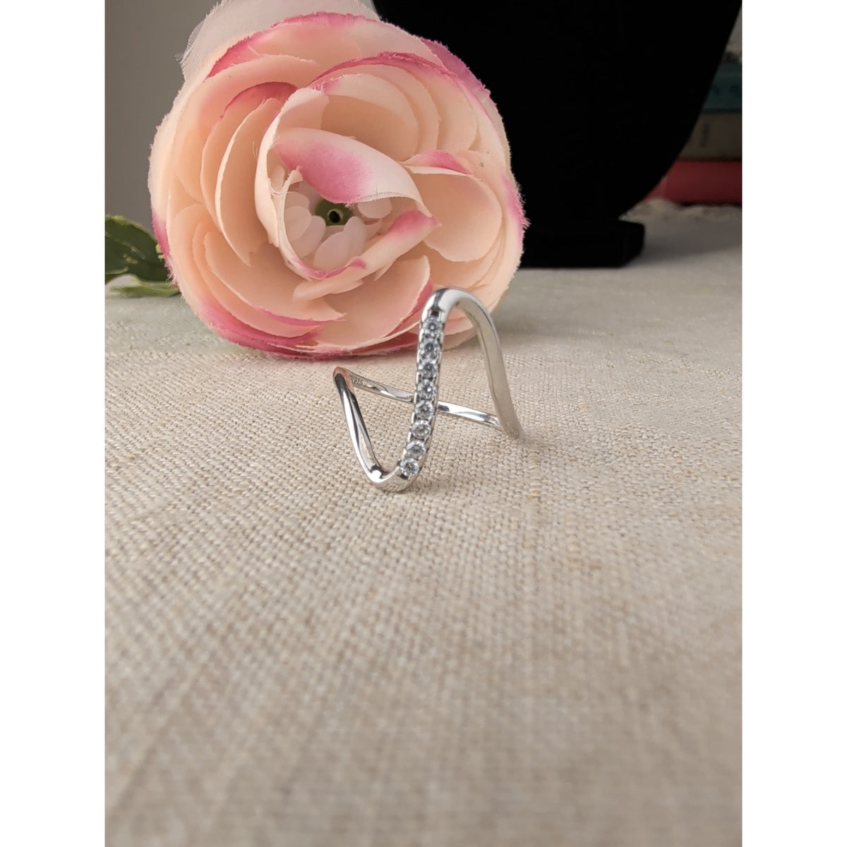 Vintage IBB CN 925 Sterling Silver Wave Ring, Cubic Zirconia Pave Curved Swirl Bypass Band,