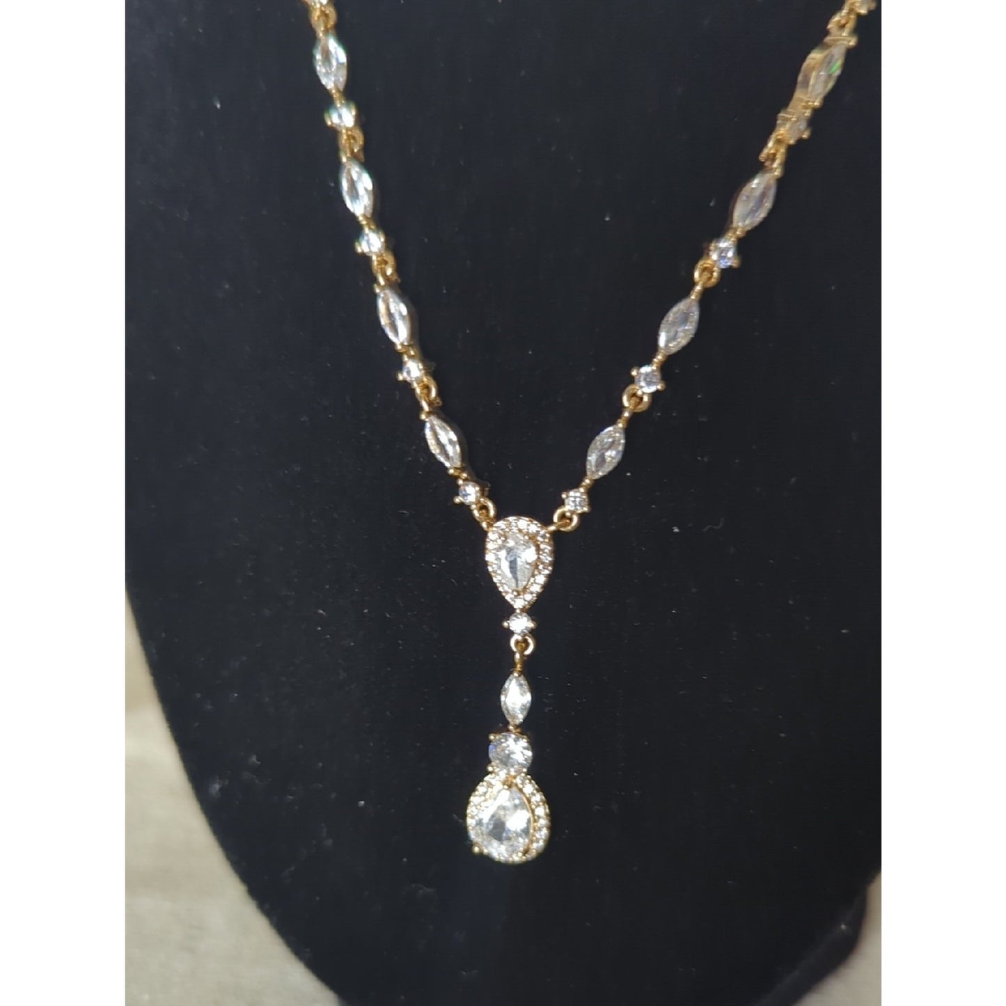 Gold Tone CZ Vine Drop Necklace  Soft Glam Bridal Inspired  Romantic Statement