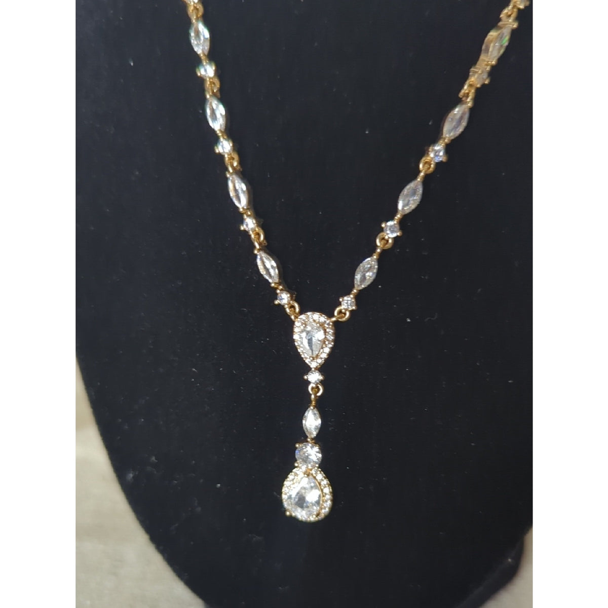 Gold Tone CZ Vine Drop Necklace  Soft Glam Bridal Inspired  Romantic Statement
