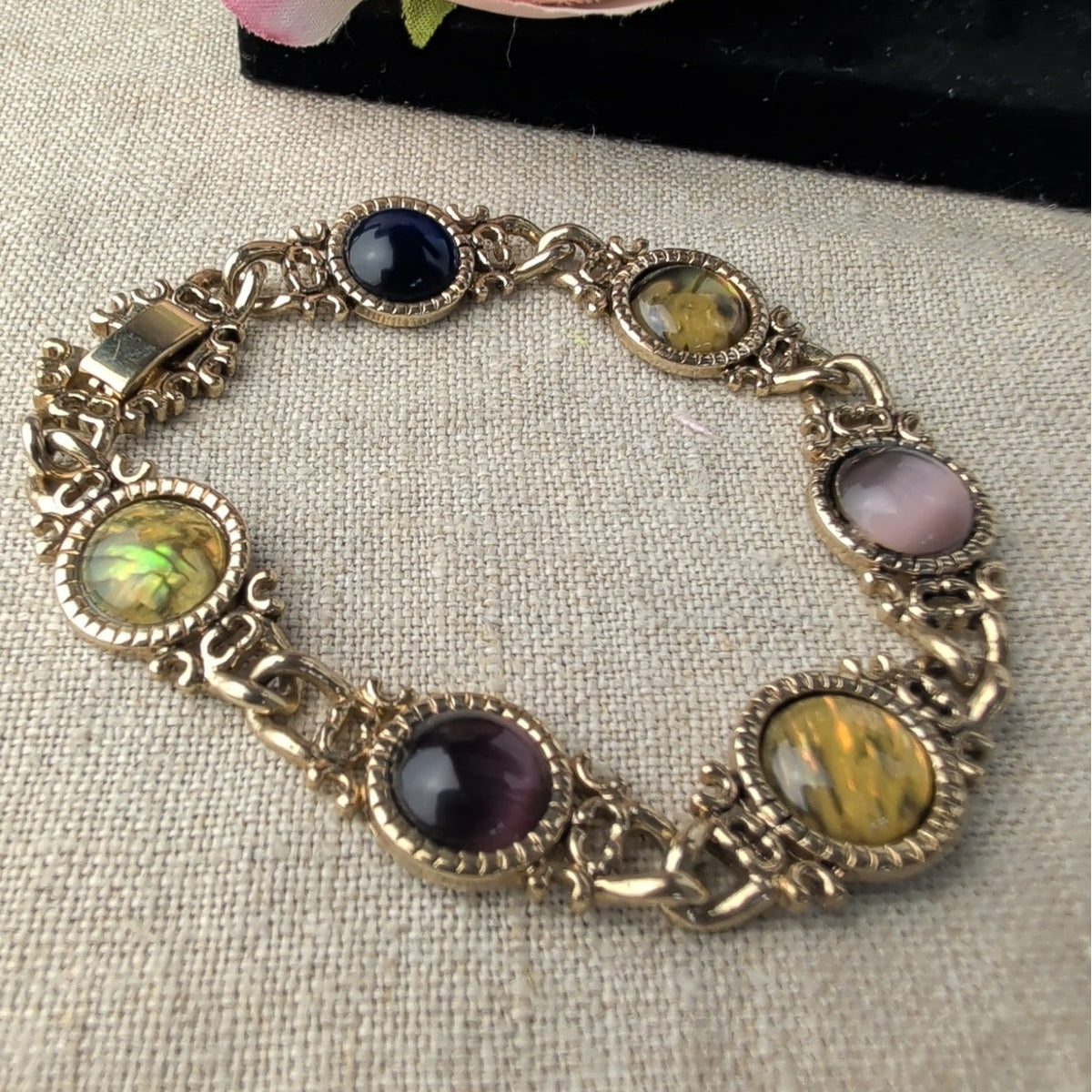 Vintage Bracelet 6.75" Gold Tone Abalone & Cat's Eye Cabochons