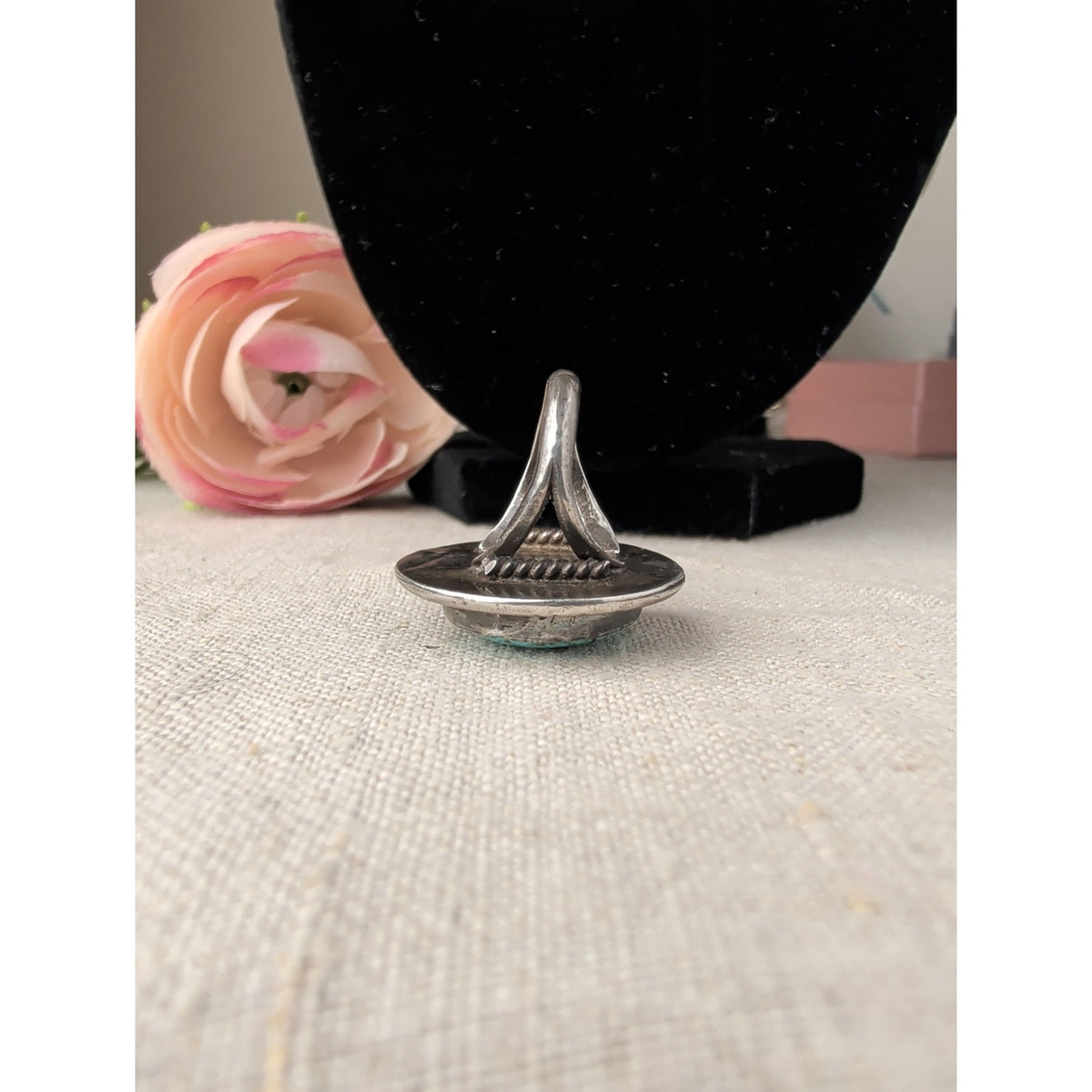 Vintage Navajo Sterling Silver Turquoise Ring Size 5 Signed Artisan Mark "T" Split Shank
