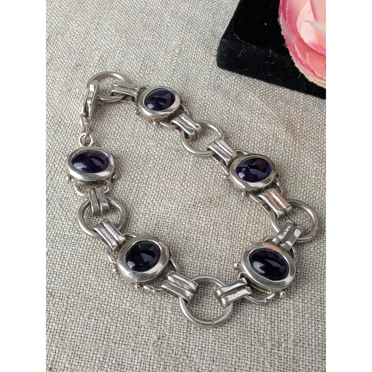 925 Sterling Silver Amethyst Bracelet Purple Cabochon Artisan 19g