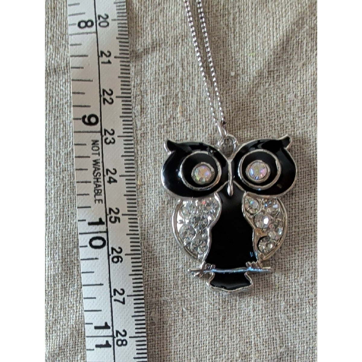 Vintage Black Enamel Owl Pendant Necklace Large 2" Rhinestone Glass Crystal