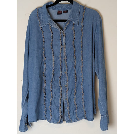 Vintage Western Prairie Chambray Shirt Romantic Ruffle Cottagecore Denim Button