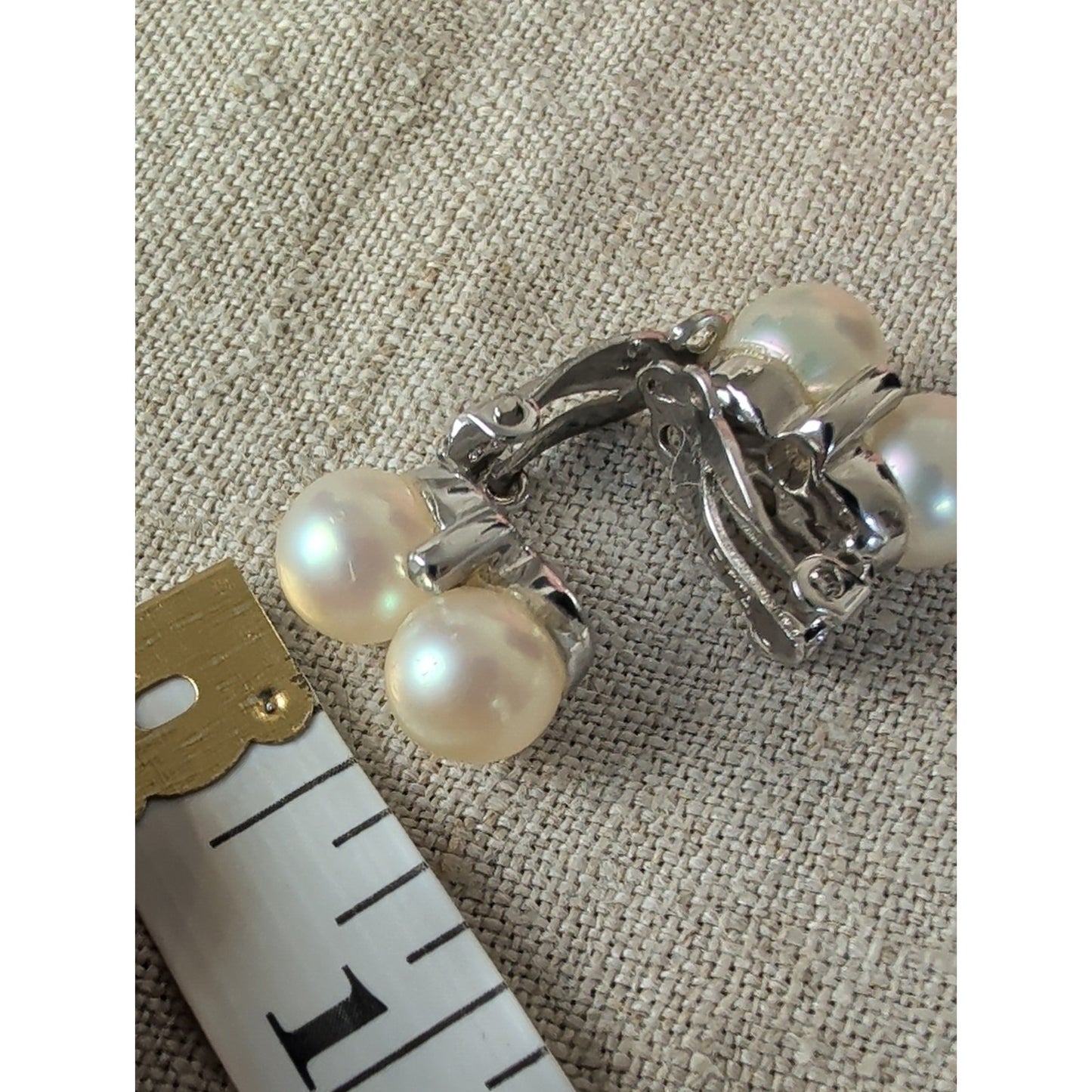 Vintage Panetta Double Faux Pearl Rhinestone Clip-On Earrings Signed