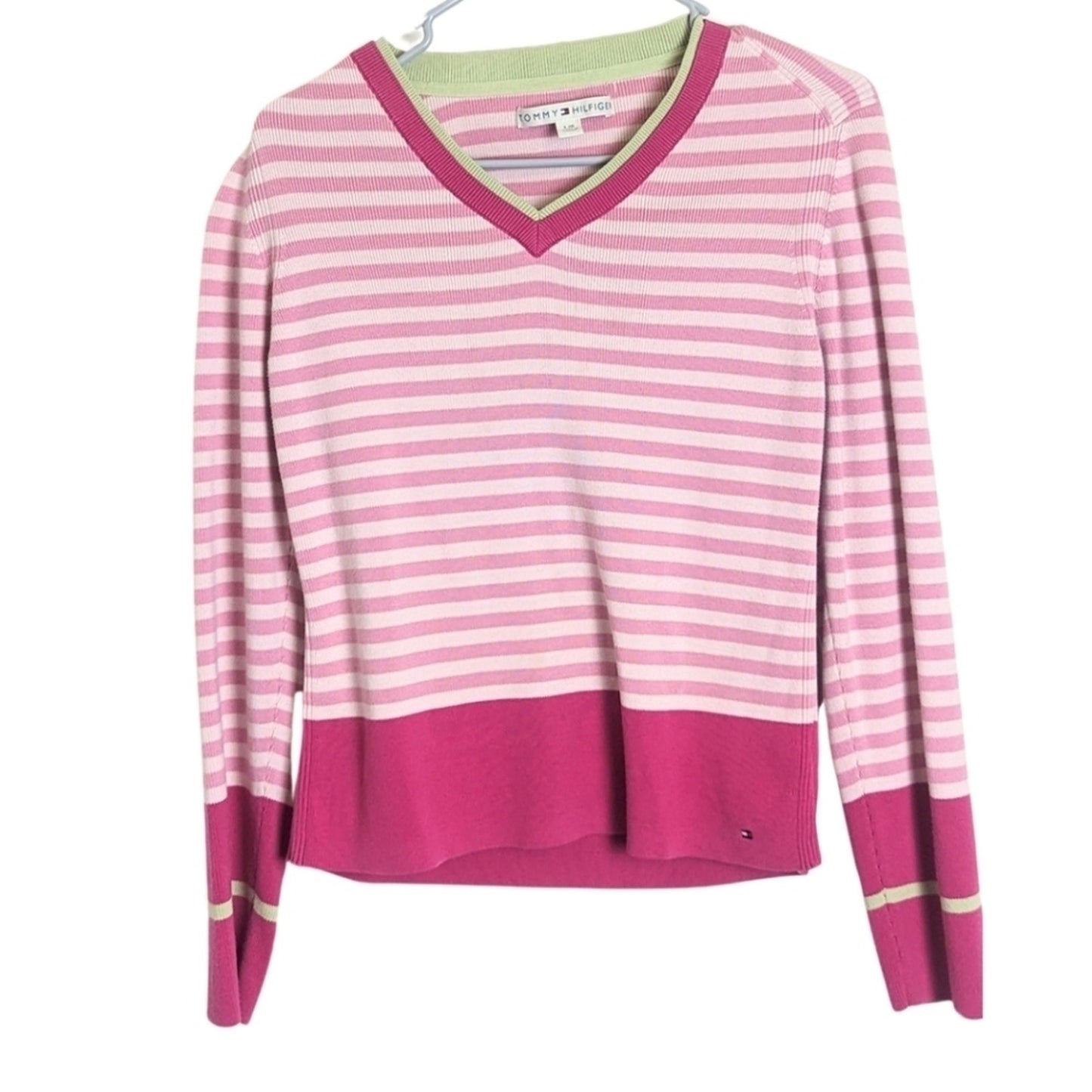 Y2K Tommy Hilfinger Cropped Preppy Tight Knit Sweater Pink Women's Size L