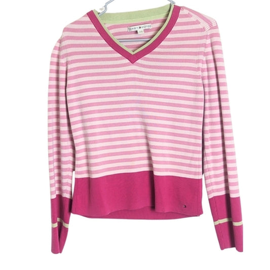Y2K Tommy Hilfinger Cropped Preppy Tight Knit Sweater Pink Women's Size L