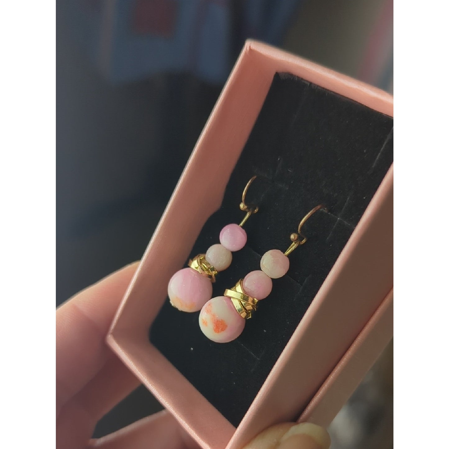 Vintage Pink Marbled Glass Bead Necklace Set Gold Accent Soft Glam Coquette Girl