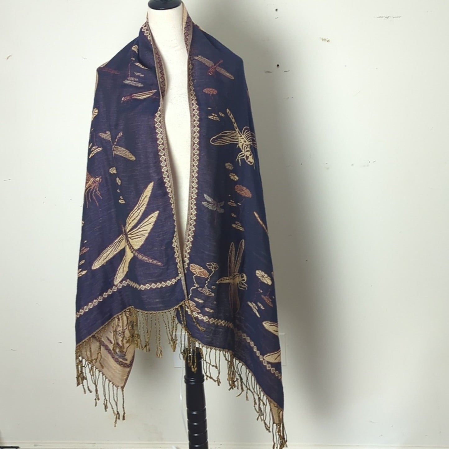Vintage Dragonfly Water Lily Jacquard Tapestry Shawl Fringe Blanket Scarf Woodland Whimsical