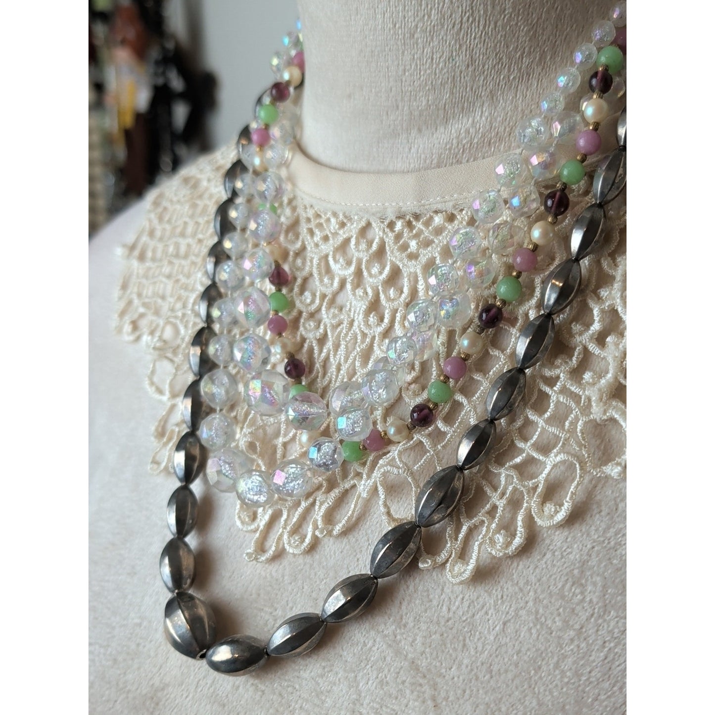 Curated Vintage Layered Necklace Trio Coquette Romantic Glass & Aurua Beads