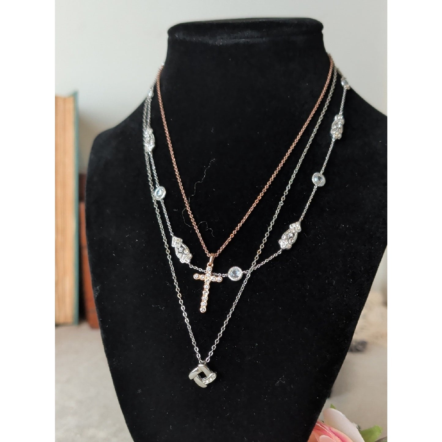Nardi Venetian Revival Station Necklace CZ Filigree Silver Tone Art Deco Bridal