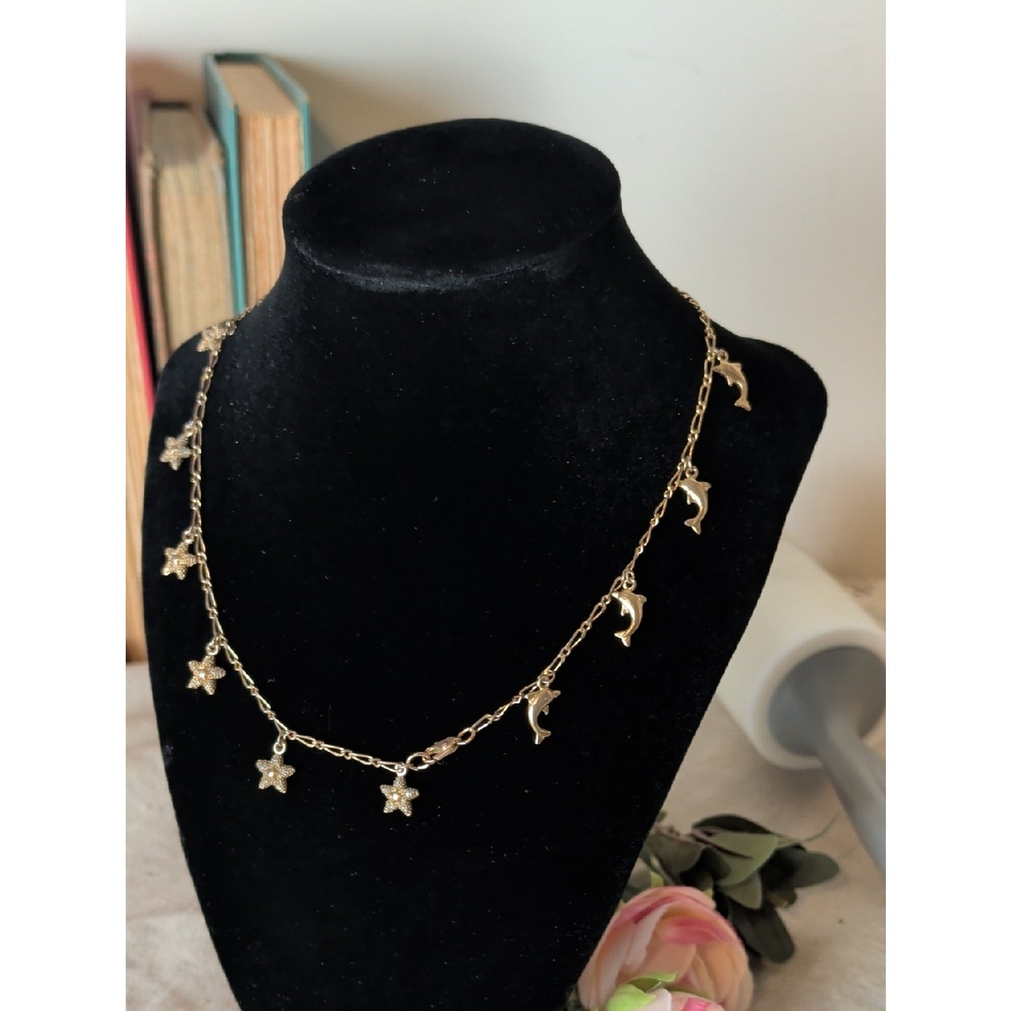 Vintage Dolphin & Star Charm Necklace Gold Tone Coastal Y2K Bracelet / Anklet
