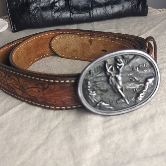 Vintage 1988 Bergamot Brass Works Deer Belt Buckle Embossed Leather Belt Hunting