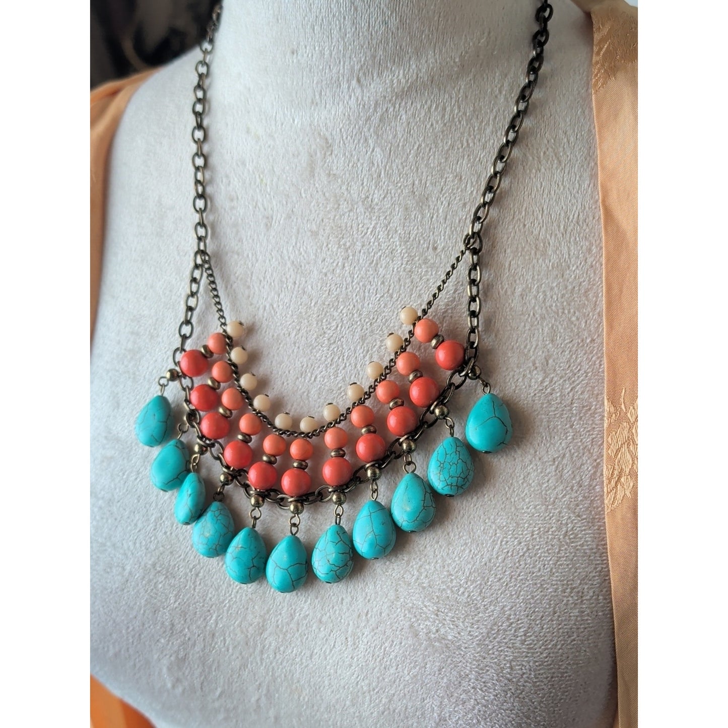 Turquoise Coral Glass Bead Bib Necklace Boho Southwestern Statement Necklace