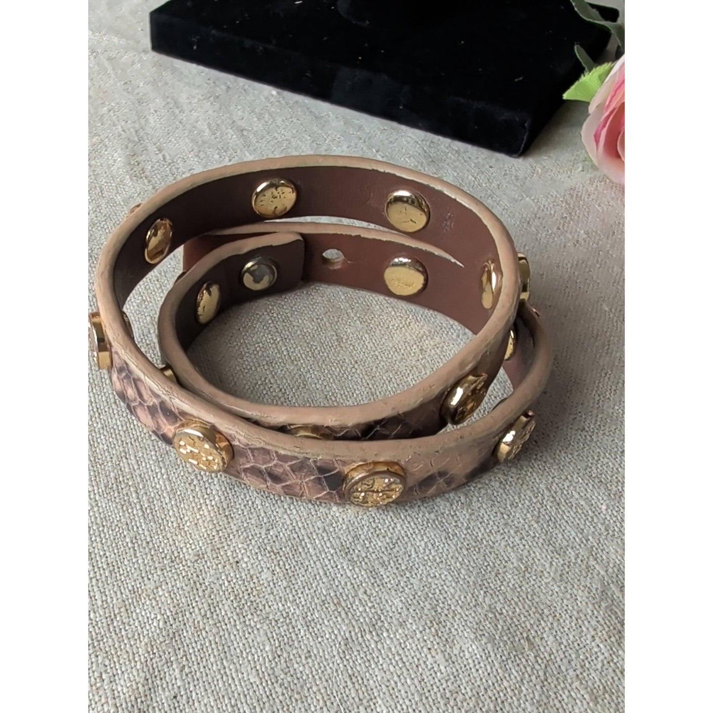 Tory Burch Brown Leather Double-Wrap Bracelet with Gold Studs