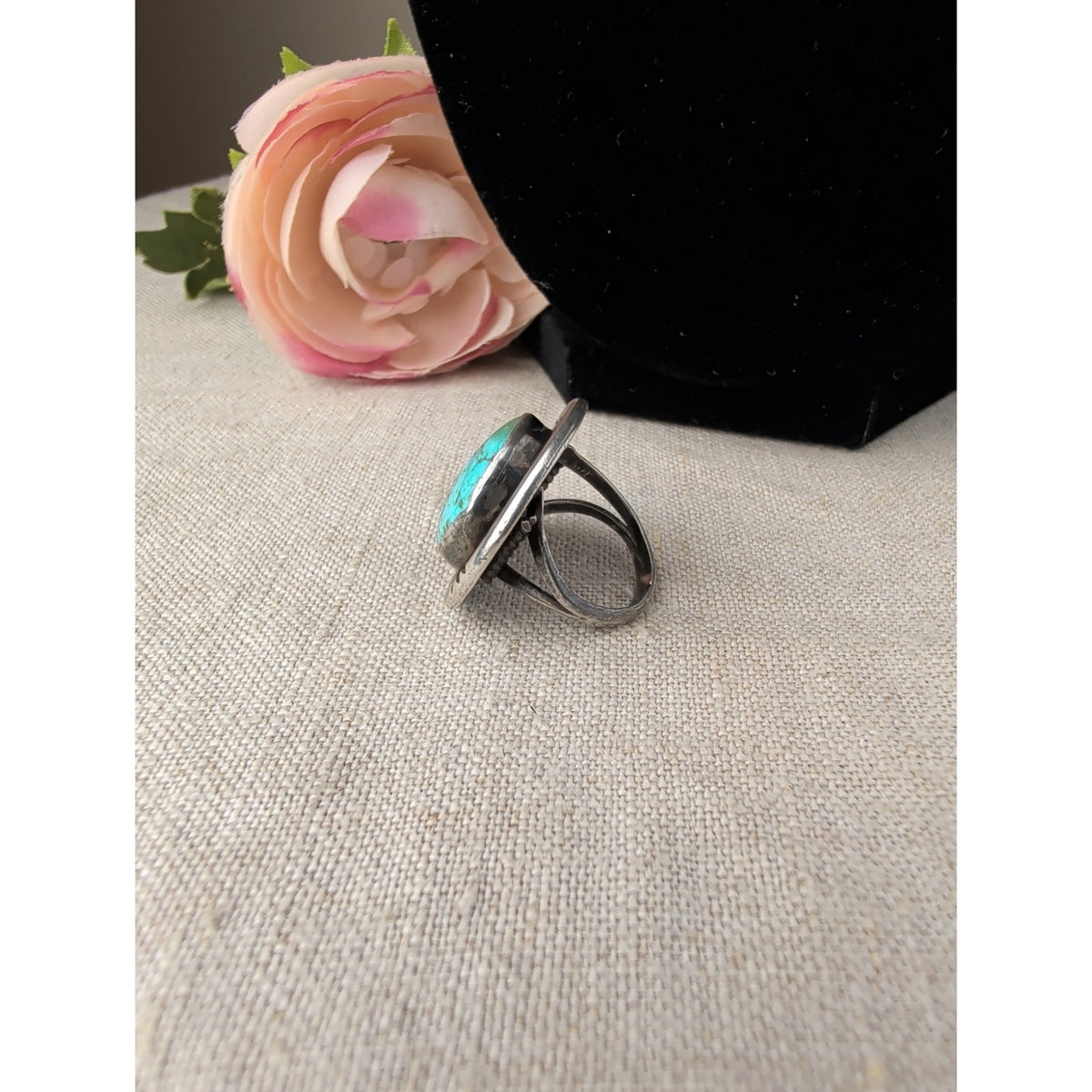 Vintage Navajo Sterling Silver Turquoise Ring Size 5 Signed Artisan Mark "T" Split Shank