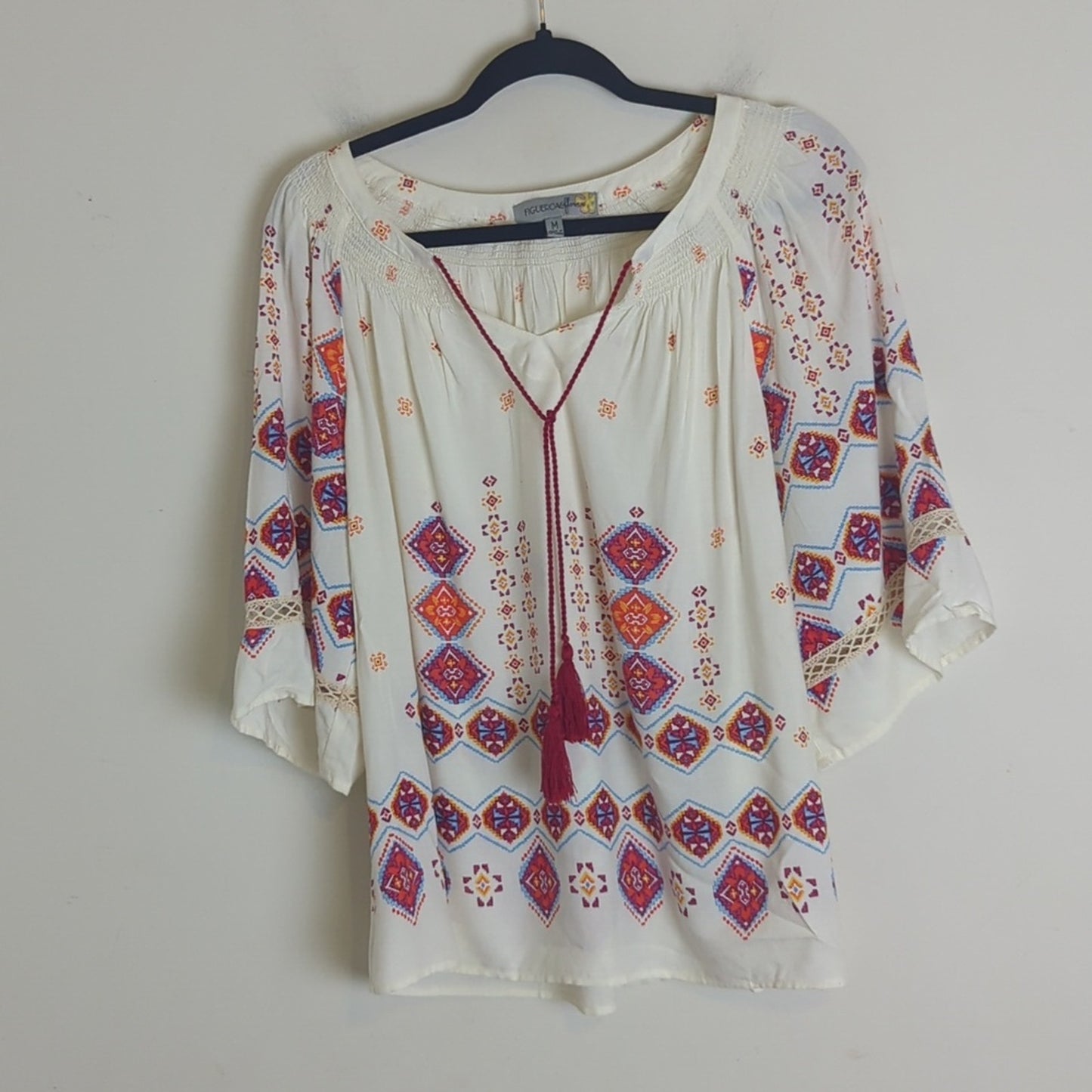 Boho Lightweight Pull Over Top With Crochet Lace Smocked Details Medium