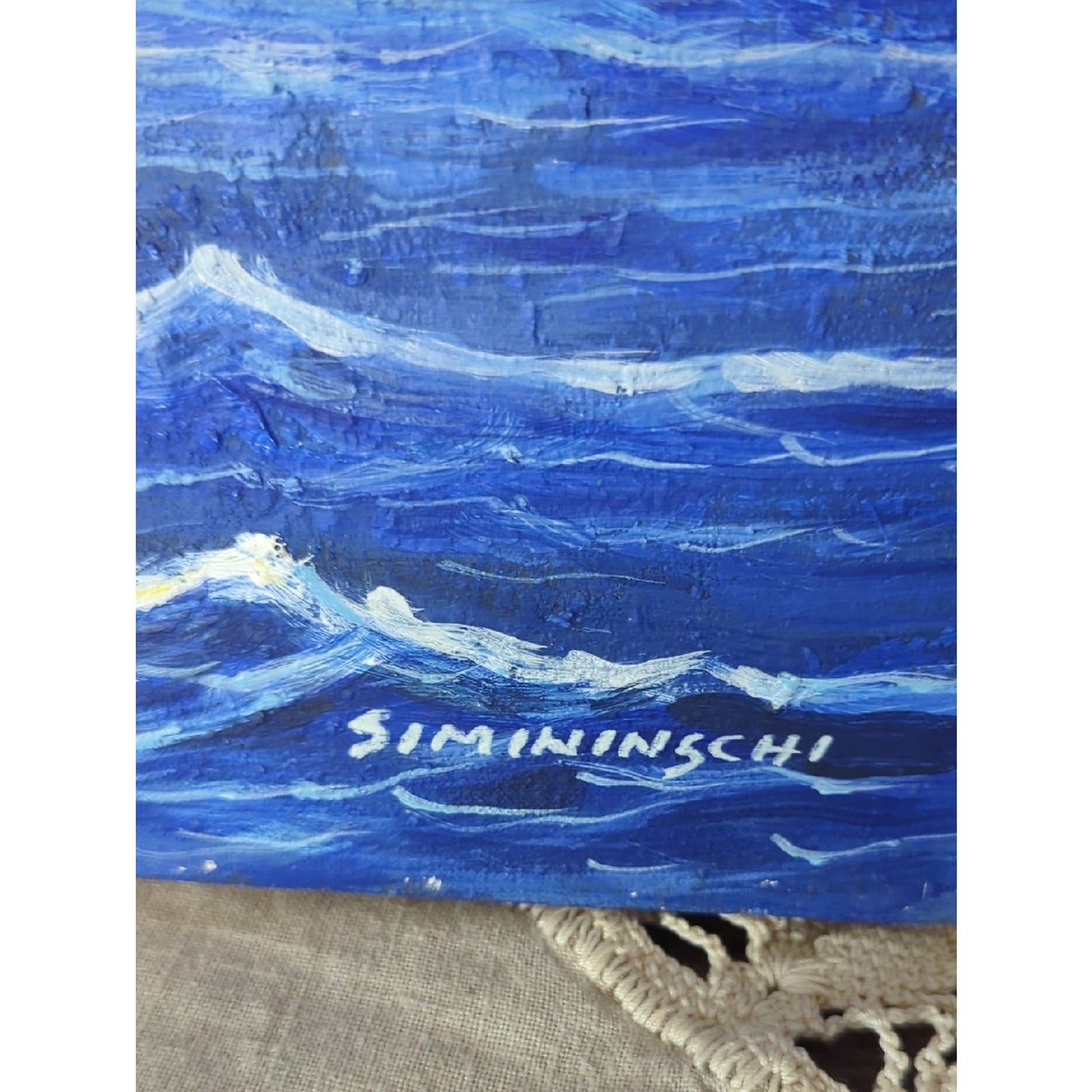 Signed Coastal Seascape Texture Painting Mediterranean Architecture Ocean Waves