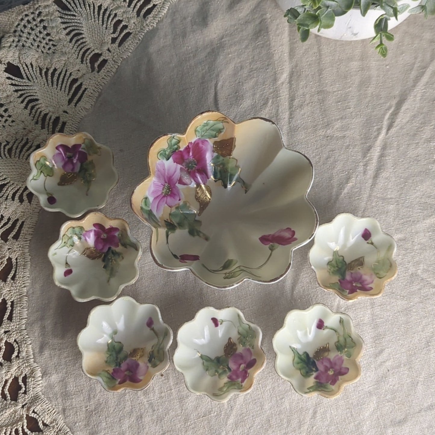 Vintage Made in Japan Porcelain Relish Server Set 3-Footed Bowl & 6 Floral bowls