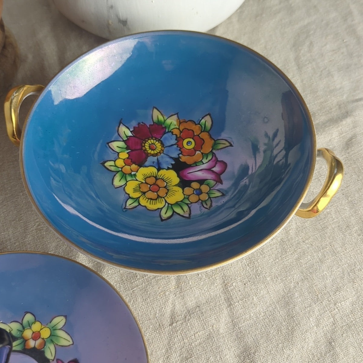 Vintage Noritake Hand Painted Dish Set Blue Floral Bowl & Handled Mini Platter