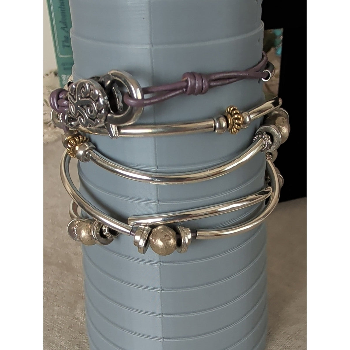 Lizzy James Leather Wrap Bracelet Necklace Convertible Silver & Gold Plated Sz L