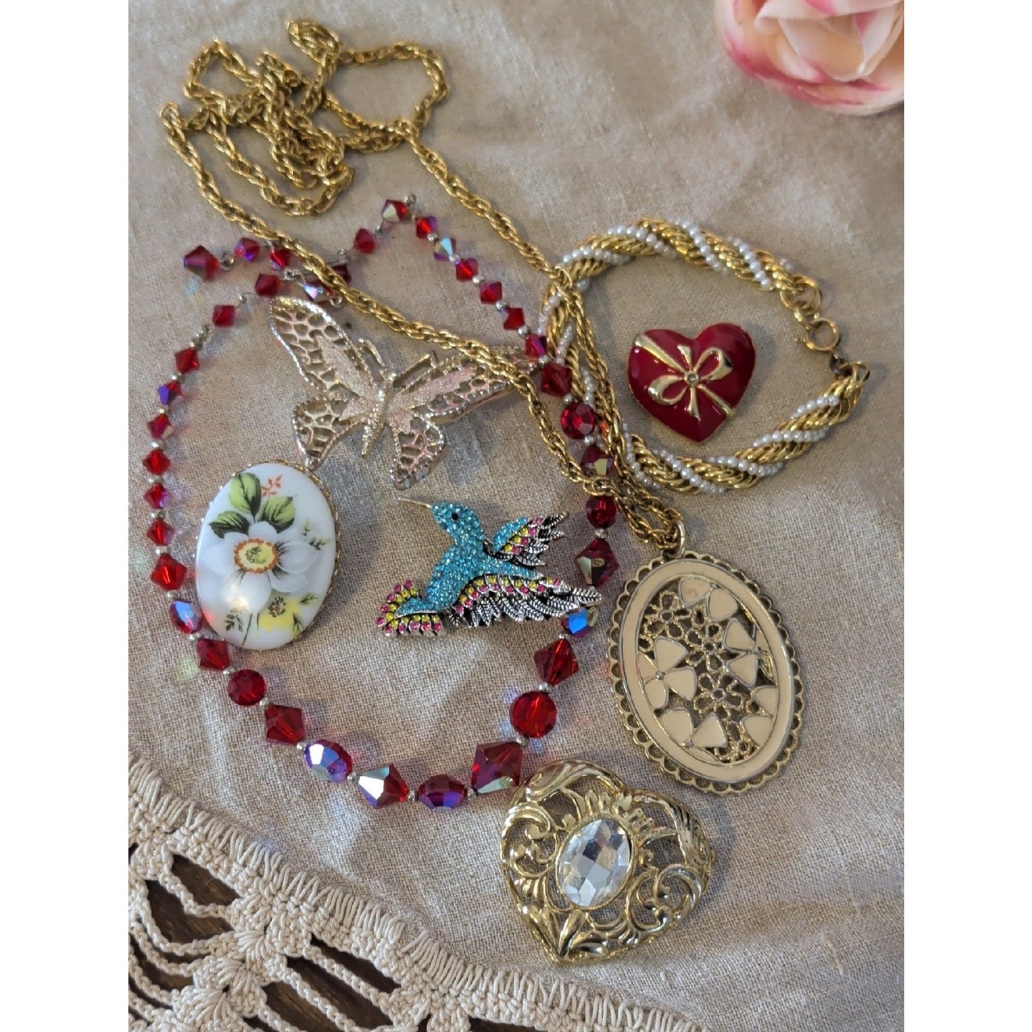Vintage Coquette Jewelry Lot Ruby Red Hearts Butterfly Brooch Sarah Cov