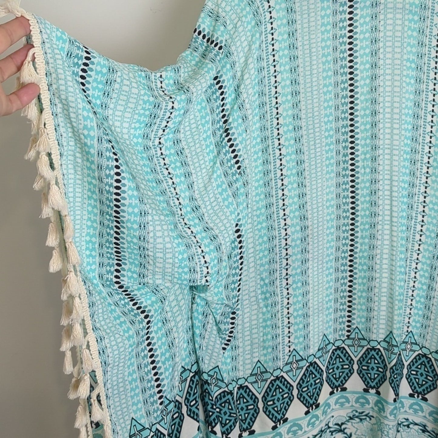 Beachy Aztec Turquoise  Open Front Cardigan Tassels One Size Women's