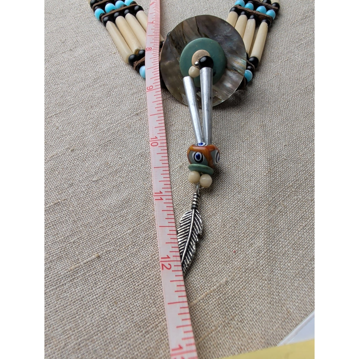 Vintage 80s Southwestern Bone Hairpipe Choker Necklace Blue Cat's Eye Abalone Pendant Boho
