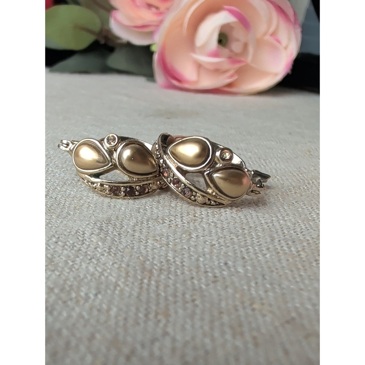 Vintage Gold Tone Sculptural Statement Earrings with Gemstone Accents