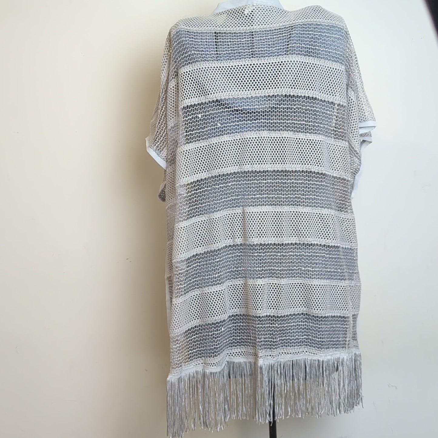Boho Poncho Beach Cover up Knit & Netting Stripes Western Fringe One Size