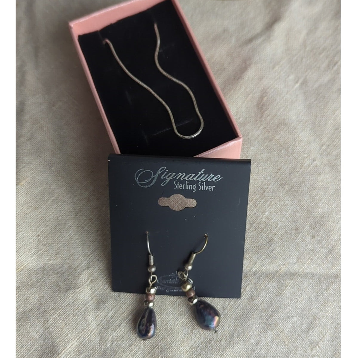 Y2K Sterling Silver Necklace & Iridescent Pearl Drop Earrings Set | Early 2000s