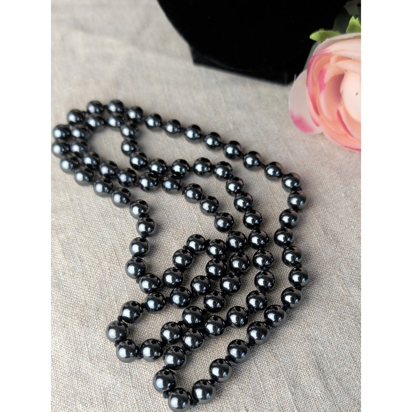 Vintage Natural Hematite Beaded Necklace Individually Hand-Knotted Gunmetal