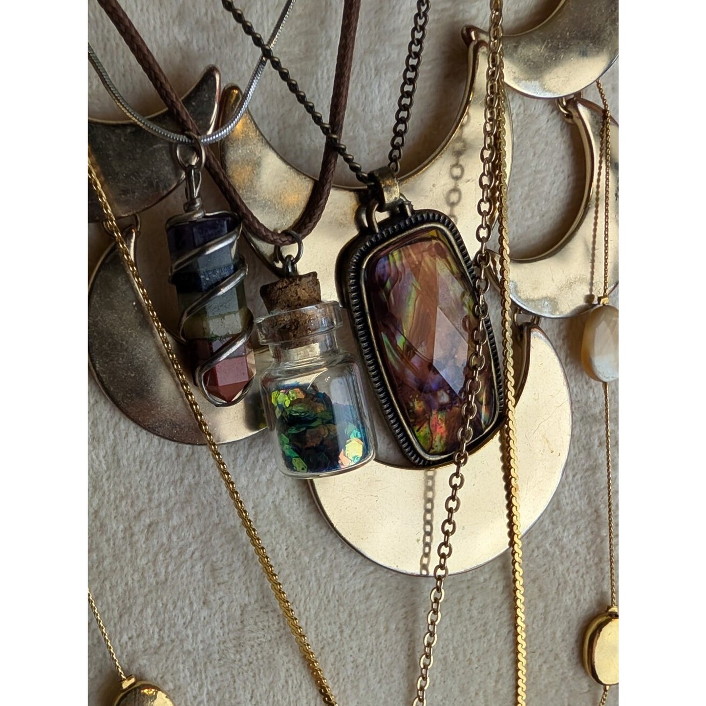 7 Celestial Boho Necklace Bundle Moon  Sun Face Pendant Druzy Glass Festival